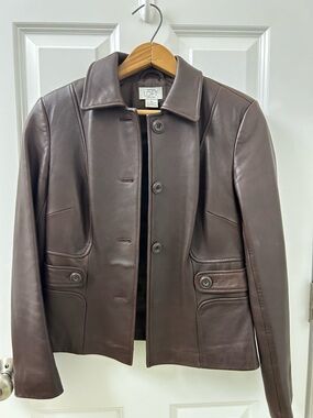 LOFT Brown Leather Button-Front Jacket. (missing one front button)
